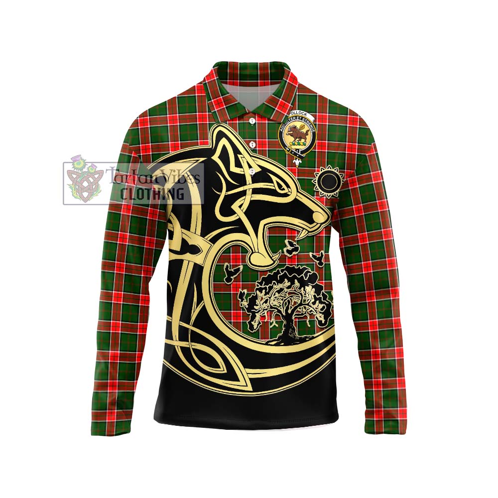 Tartan Vibes Clothing Pollock Modern Tartan Long Sleeve Polo Shirt with Family Crest Celtic Wolf Style