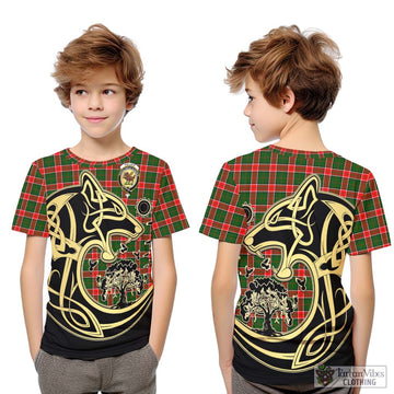 Pollock Modern Tartan Kid T-Shirt with Family Crest Celtic Wolf Style