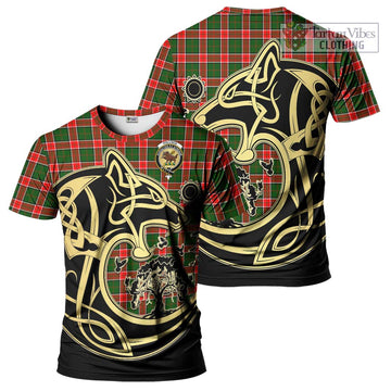 Pollock Modern Tartan T-Shirt with Family Crest Celtic Wolf Style