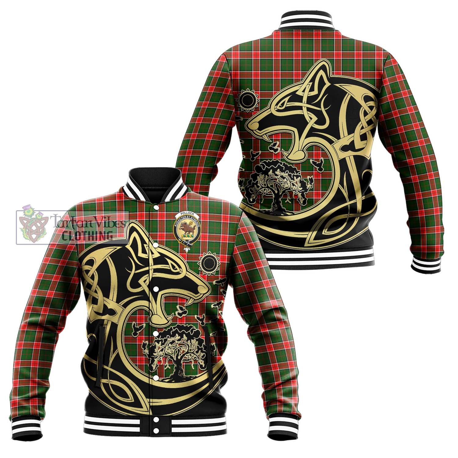 Tartan Vibes Clothing Pollock Modern Tartan Baseball Jacket with Family Crest Celtic Wolf Style