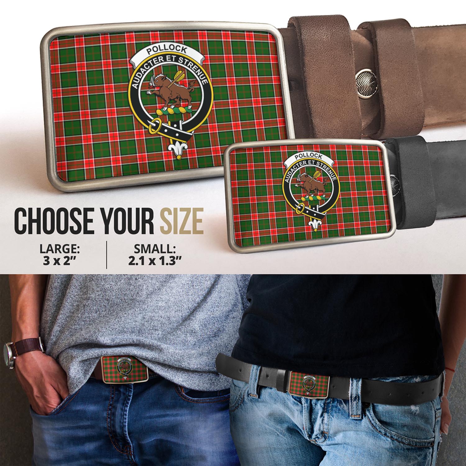 Pollock Modern Tartan Belt Buckles with Family Crest - Tartanvibesclothing Shop