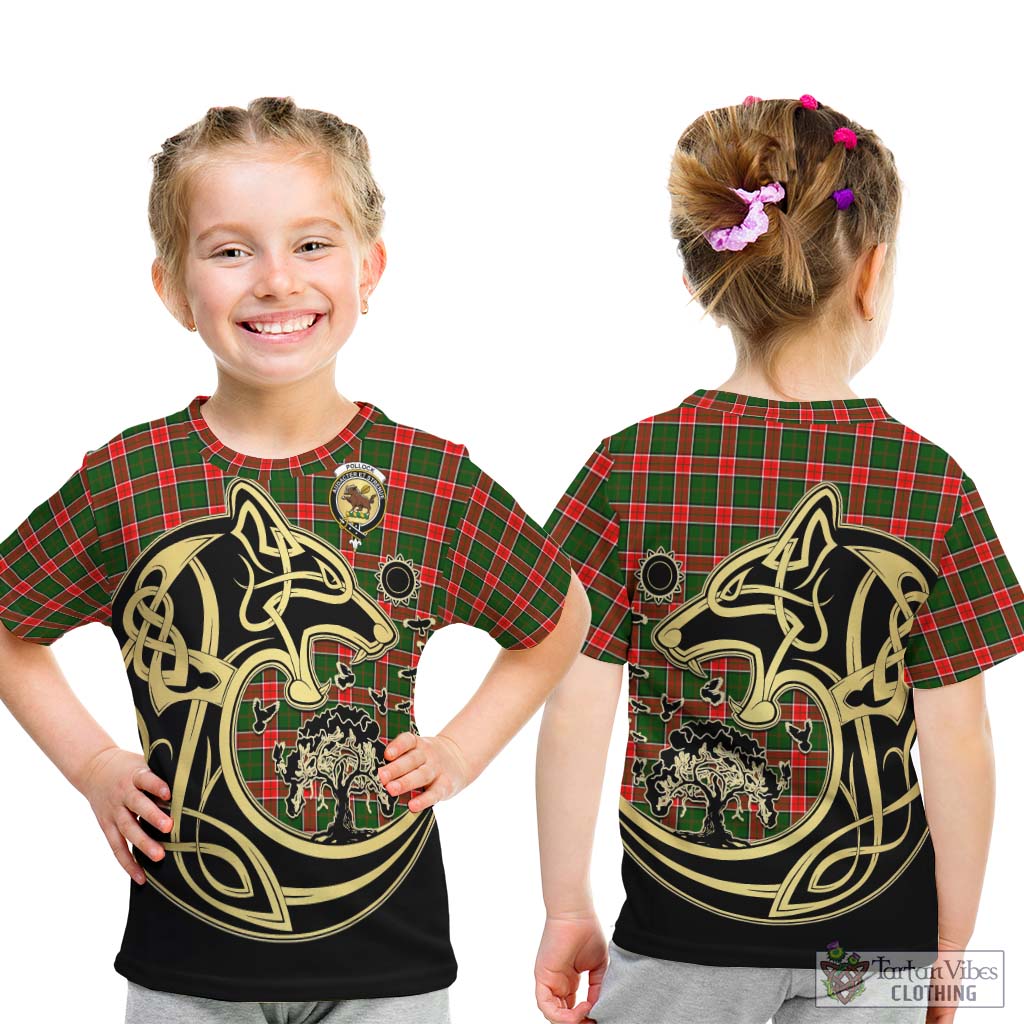 Tartan Vibes Clothing Pollock Modern Tartan Kid T-Shirt with Family Crest Celtic Wolf Style