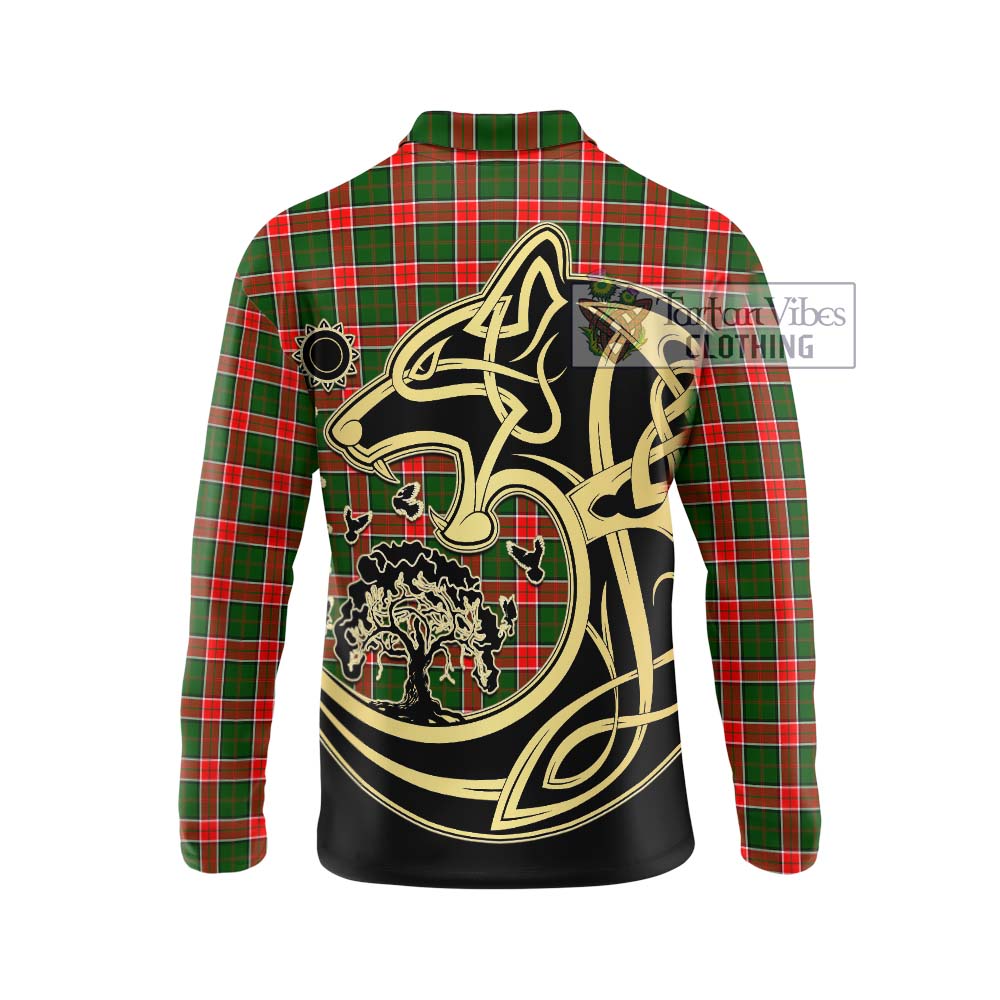 Tartan Vibes Clothing Pollock Modern Tartan Long Sleeve Polo Shirt with Family Crest Celtic Wolf Style