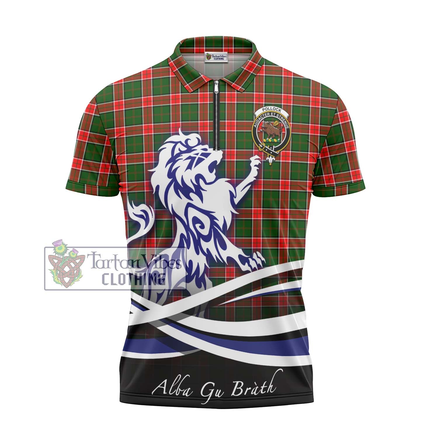 Tartan Vibes Clothing Pollock Modern Tartan Zipper Polo Shirt with Alba Gu Brath Regal Lion Emblem