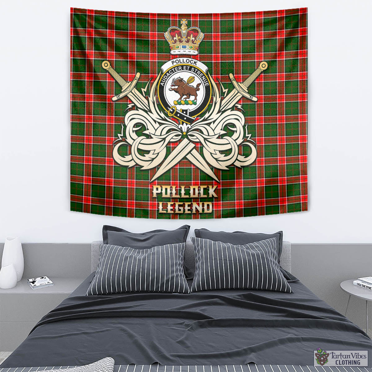 Tartan Vibes Clothing Pollock Modern Tartan Tapestry with Clan Crest and the Golden Sword of Courageous Legacy