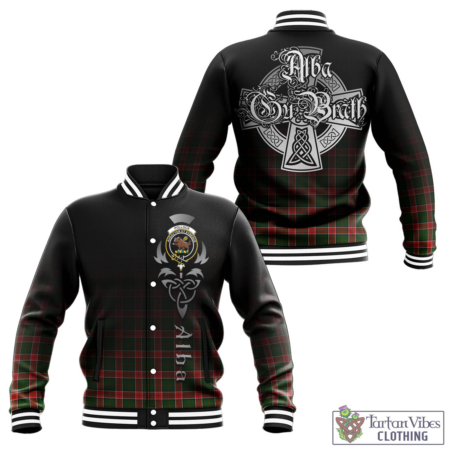 Tartan Vibes Clothing Pollock Modern Tartan Baseball Jacket Featuring Alba Gu Brath Family Crest Celtic Inspired