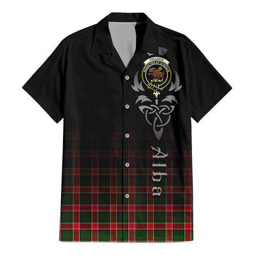 Pollock Modern Tartan Short Sleeve Button Up Featuring Alba Gu Brath Family Crest Celtic Inspired