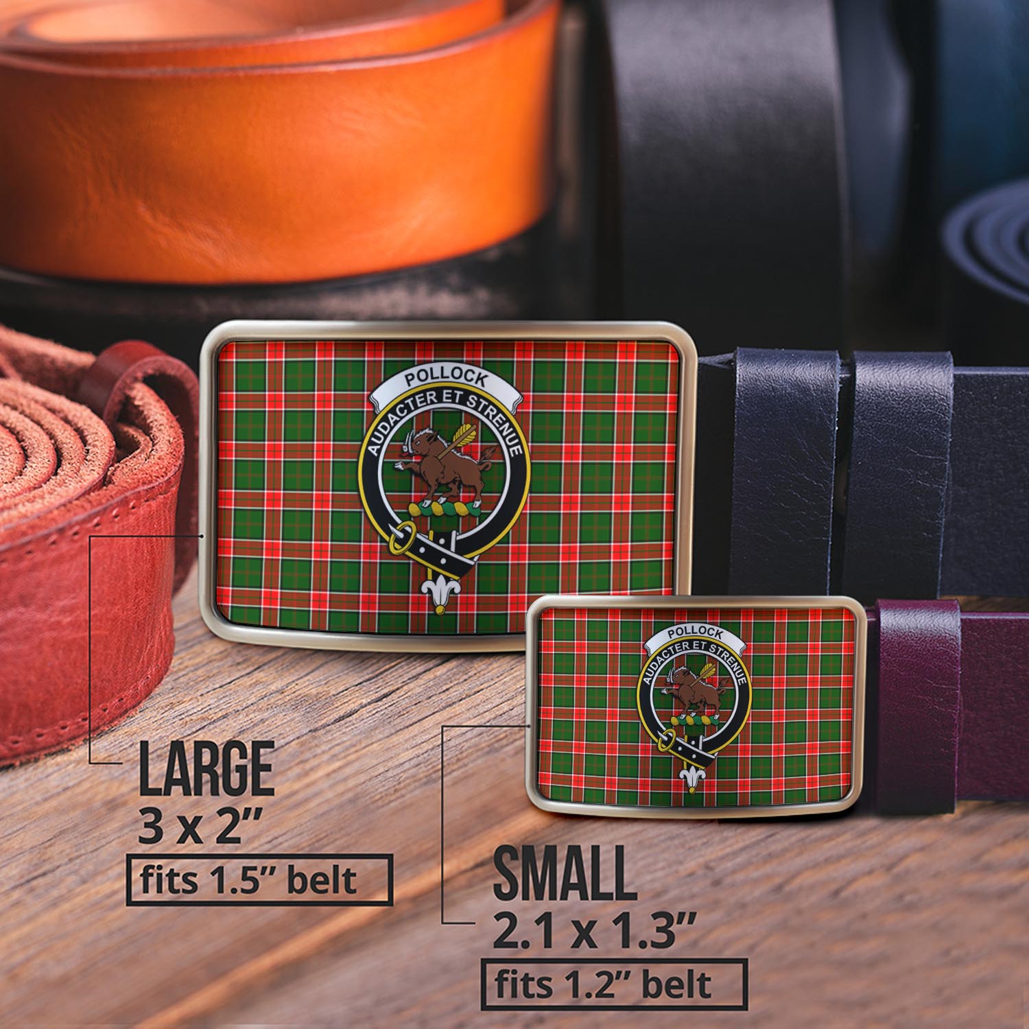 Pollock Modern Tartan Belt Buckles with Family Crest - Tartanvibesclothing Shop