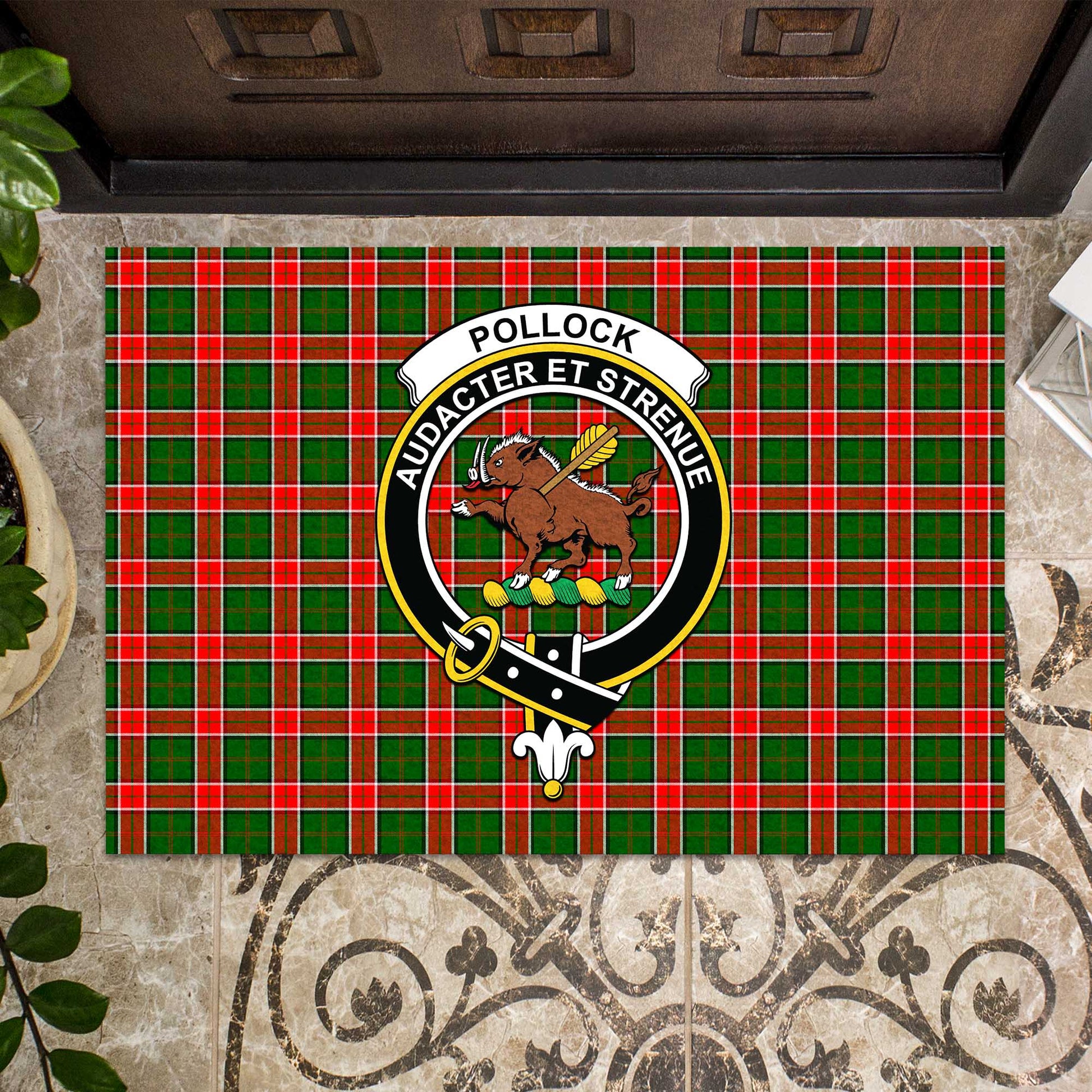 Pollock Modern Tartan Door Mat with Family Crest - Tartanvibesclothing