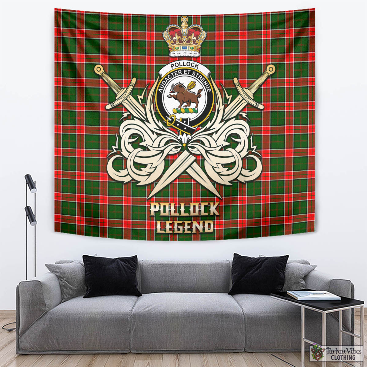 Tartan Vibes Clothing Pollock Modern Tartan Tapestry with Clan Crest and the Golden Sword of Courageous Legacy