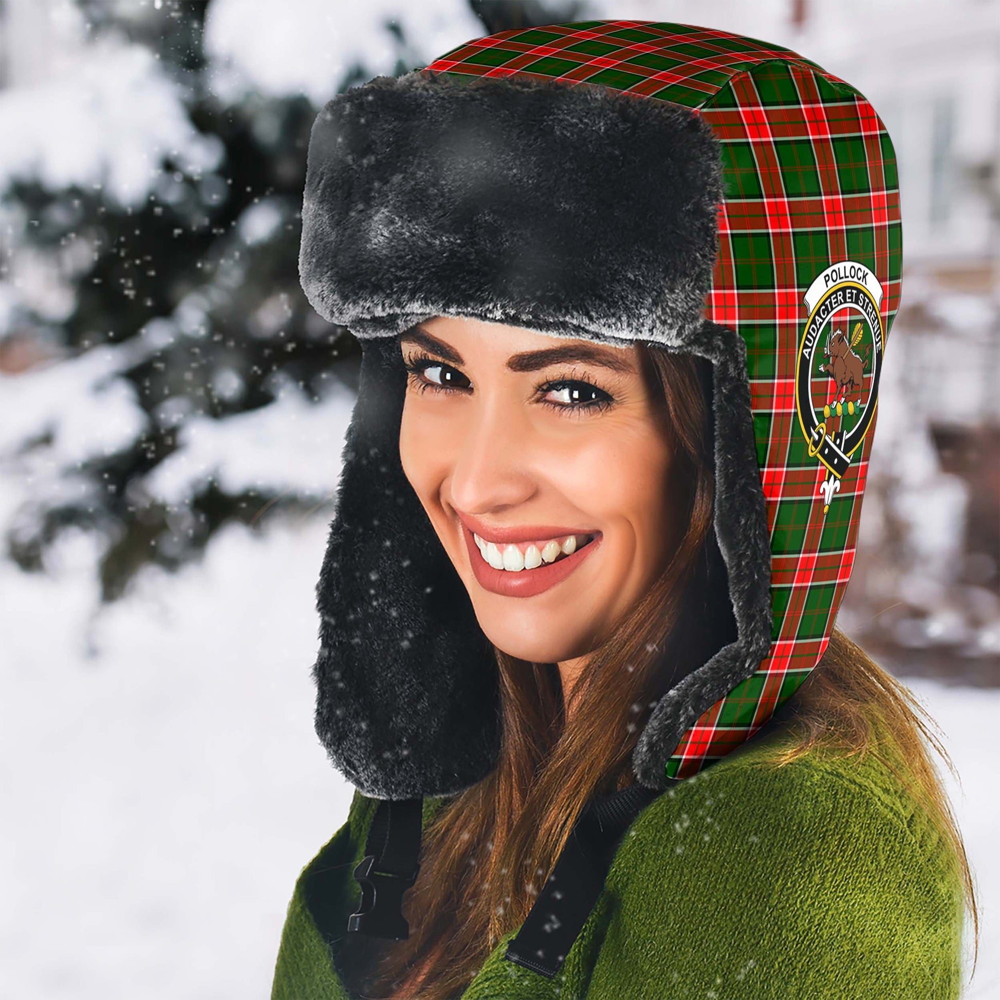Pollock Modern Tartan Winter Trapper Hat with Family Crest - Tartanvibesclothing