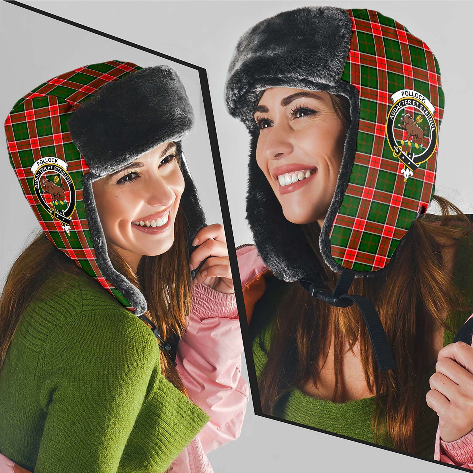 Pollock Modern Tartan Winter Trapper Hat with Family Crest - Tartanvibesclothing