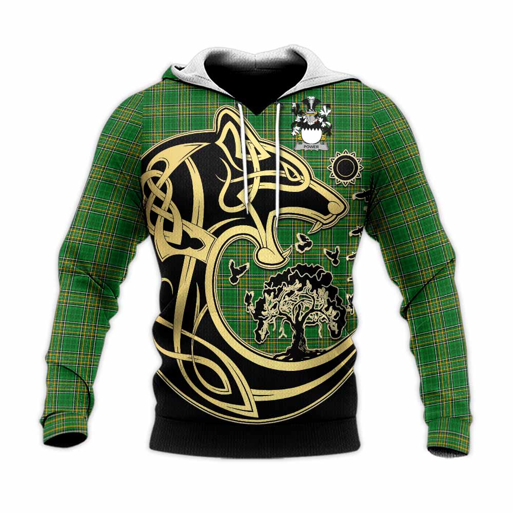 Tartan Vibes Clothing Power Irish Tartan Knitted Hoodie with Coat of Arms Celtic Wolf Style