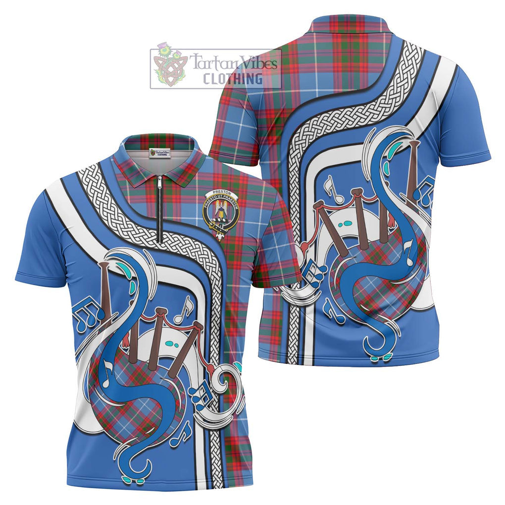 Preston Tartan Zipper Polo Shirt with Epic Bagpipe Style Unisex - Tartanvibesclothing Shop