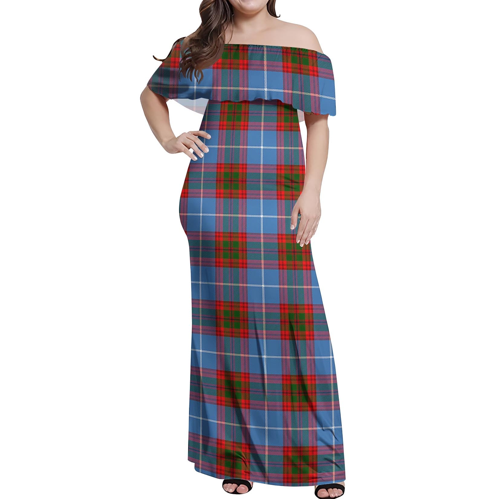 Preston Tartan Off Shoulder Long Dress Women's Dress - Tartanvibesclothing