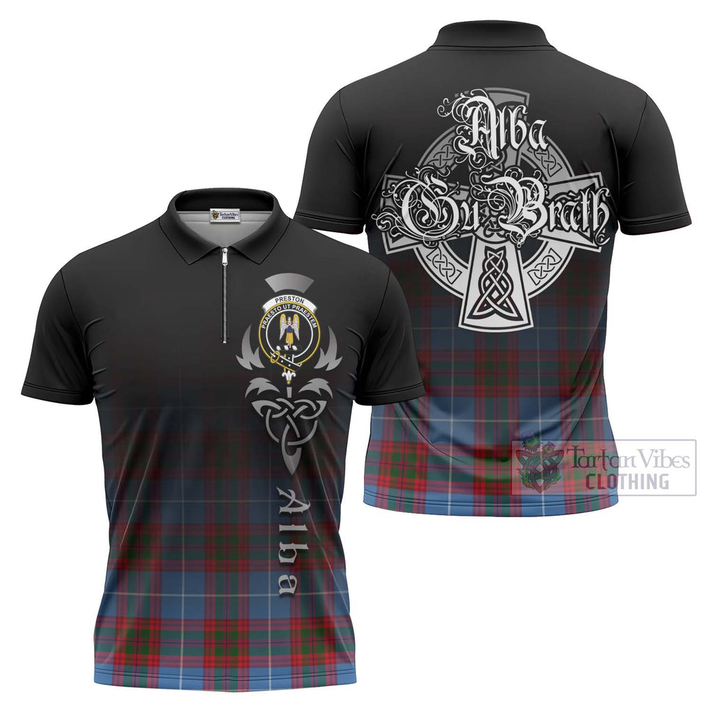 Tartan Vibes Clothing Preston Tartan Zipper Polo Shirt Featuring Alba Gu Brath Family Crest Celtic Inspired