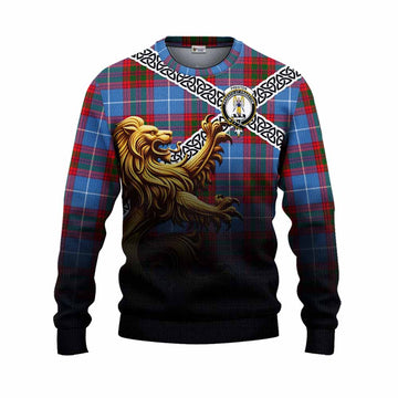 Preston Crest Tartan Knitted Sweater with Golden Lion Emblem Celtic Style Unisex - Tartan Vibes Clothing