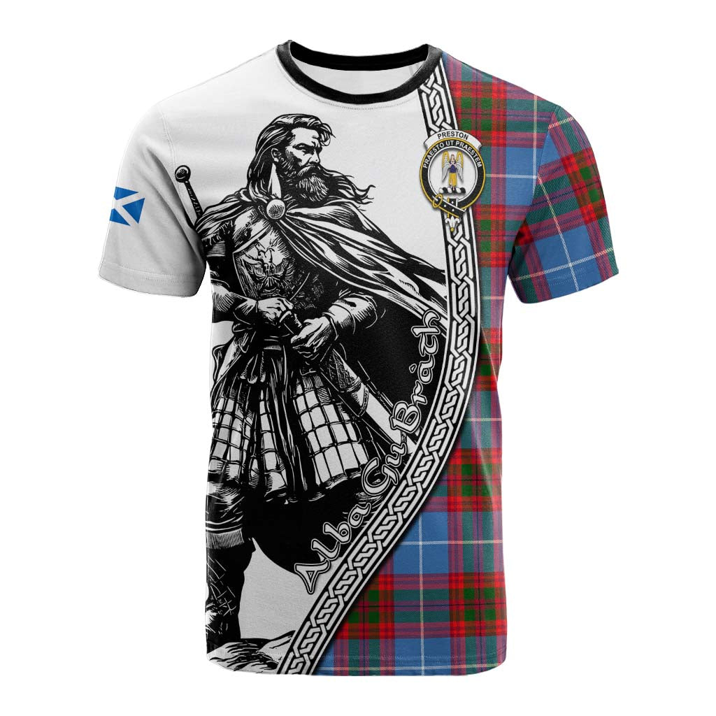 Preston Tartan Clan Crest Cotton T-shirt with Highlander Warrior Celtic Style