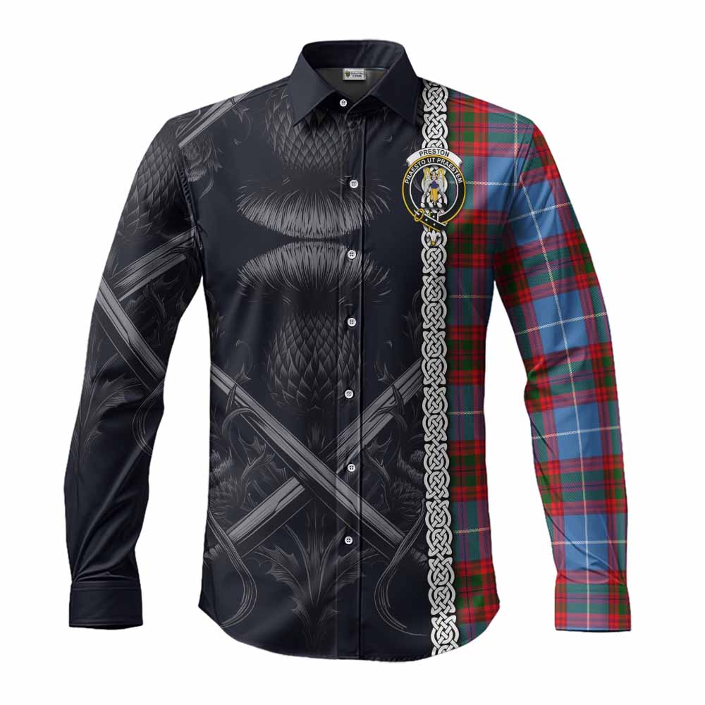 Tartan Vibes Clothing Preston Tartan Long Sleeve Button Shirt with Family Crest Cross Sword Thistle Celtic Vibes