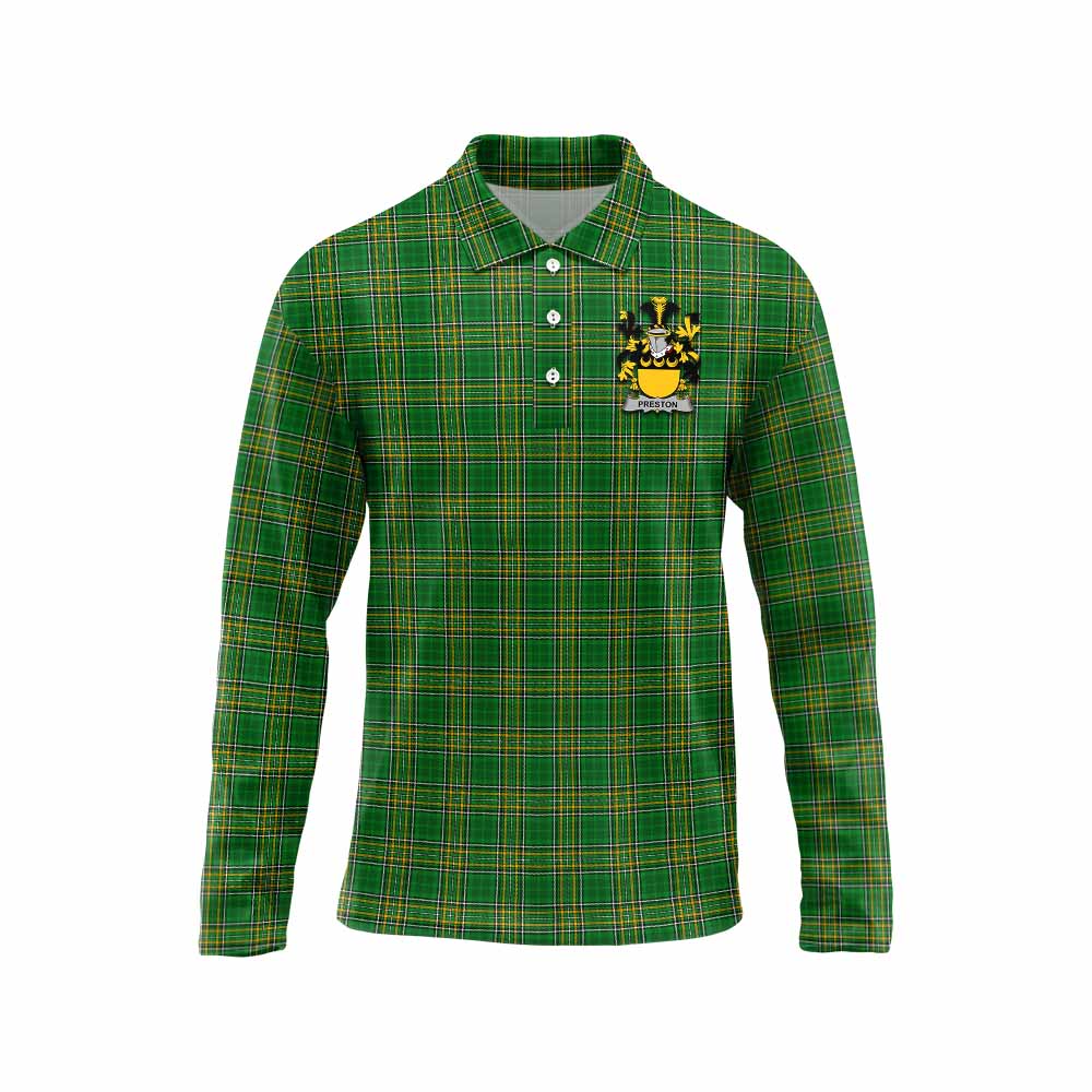 Tartan Vibes Clothing Preston Irish Clan Tartan Long Sleeve Polo Shirt with Coat of Arms