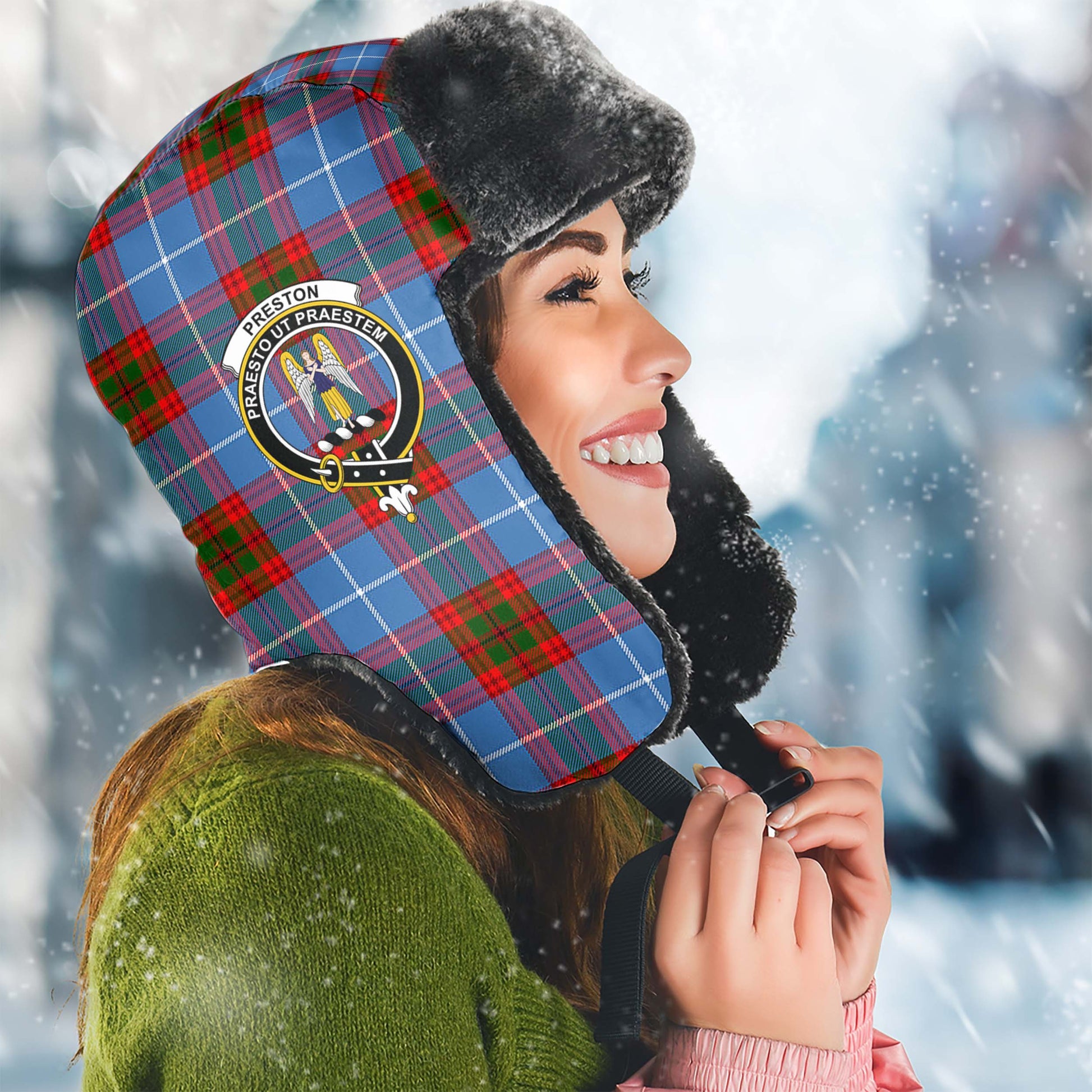 Preston Tartan Winter Trapper Hat with Family Crest Winter Trapper Hat Universal Fit Circumference 22.8in (58cm) - Tartanvibesclothing