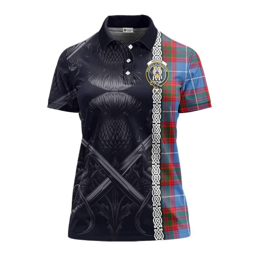 Tartan Vibes Clothing Preston Tartan Women's Polo Shirt with Family Crest Cross Sword Thistle Celtic Vibes