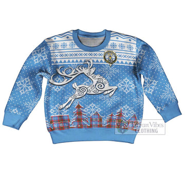 Preston Clan Christmas Kid Ugly Sweater with Tartan and Celtic Reindeer Style