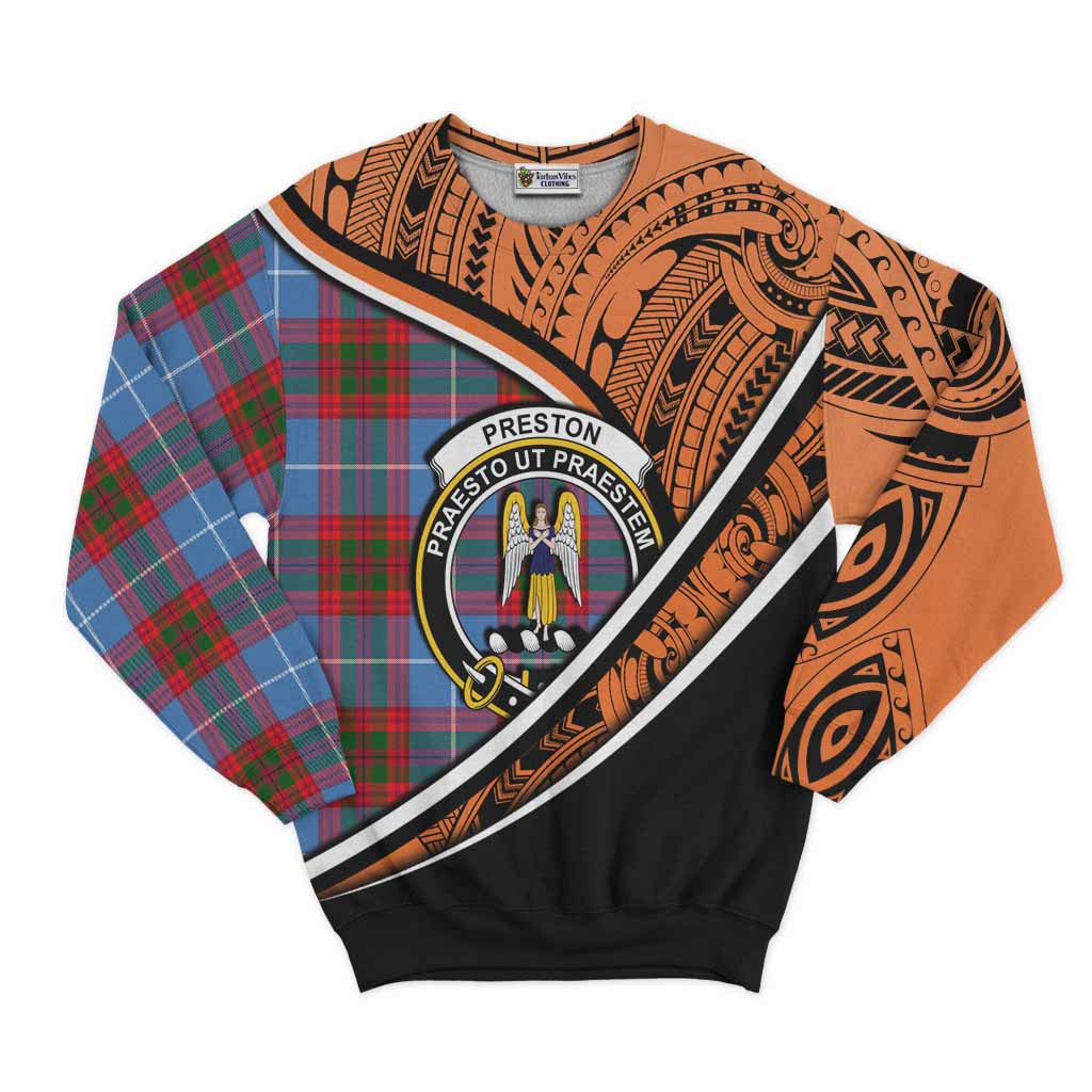 Tartan Vibes Clothing Preston Crest Tartan Sweatshirt with Maori Tattoo Style - Orange Version