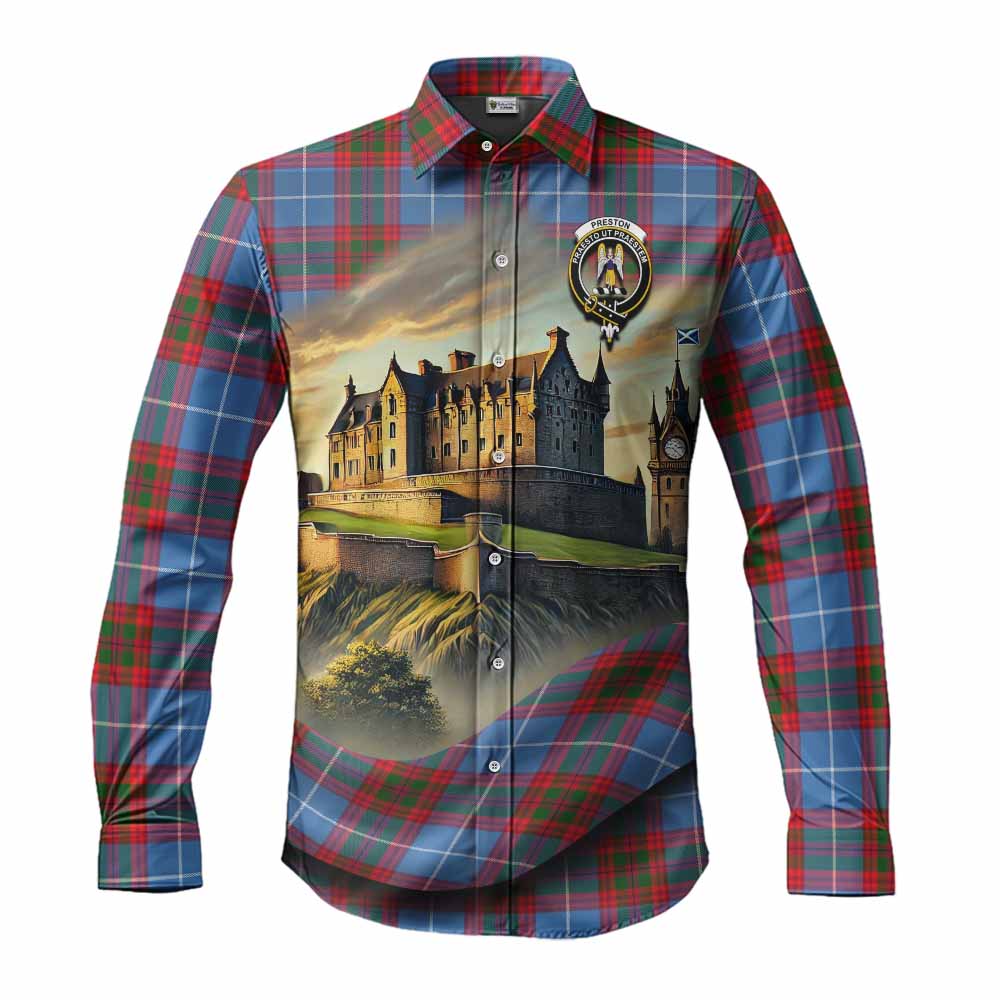 Preston Tartan Family Crest Long Sleeve Button Shirt with Scottish Ancient Castle Style Men's Shirt S - Tartan Vibes Clothing