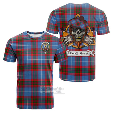 Preston Tartan Cotton T-shirt with Family Crest and Bearded Skull Holding Bottles of Whiskey