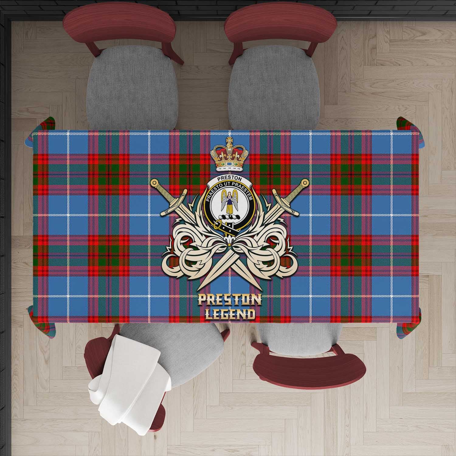 Tartan Vibes Clothing Preston Tartan Tablecloth with Clan Crest and the Golden Sword of Courageous Legacy