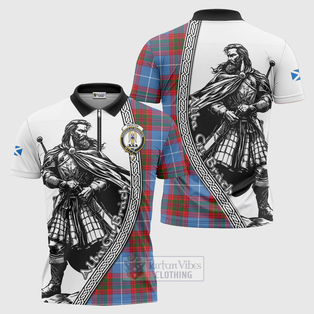 Preston Tartan Clan Crest Zipper Polo Shirt with Highlander Warrior Celtic Style Unisex - Tartan Vibes Clothing