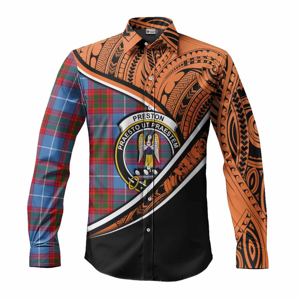 Tartan Vibes Clothing Preston Crest Tartan Long Sleeve Button Shirt with Maori Tattoo Style - Orange Version