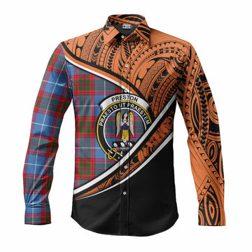 Preston Crest Tartan Long Sleeve Button Shirt with Polynesian Vibes Style - Orange Version