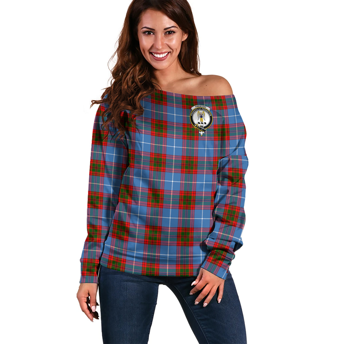 Preston Tartan Off Shoulder Women Sweater with Family Crest Women - Tartan Vibes Clothing