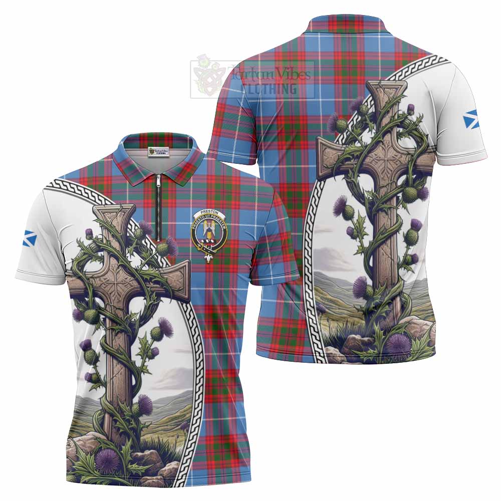 Tartan Vibes Clothing Preston Tartan Zipper Polo Shirt with Family Crest and St. Andrew's Cross Accented by Thistle Vines