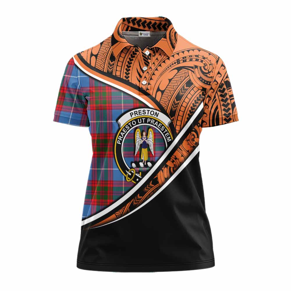 Tartan Vibes Clothing Preston Crest Tartan Women's Polo Shirt with Maori Tattoo Style - Orange Version