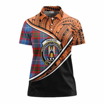 Preston Crest Tartan Women's Polo Shirt with Polynesian Vibes Style - Orange Version