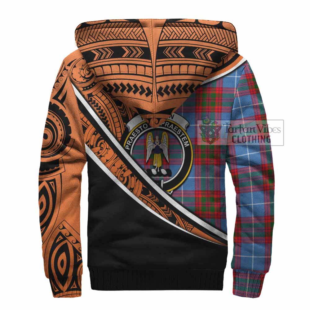 Tartan Vibes Clothing Preston Crest Tartan Sherpa Hoodie with Maori Tattoo Style - Orange Version