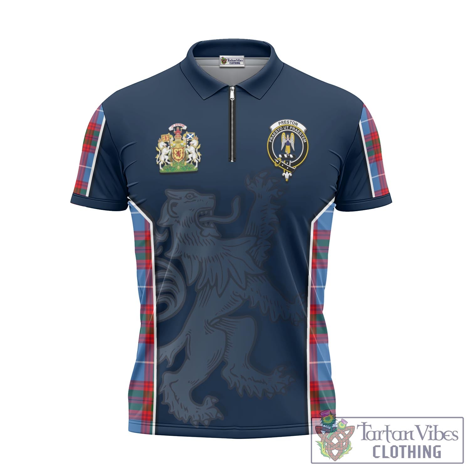 Tartan Vibes Clothing Preston Tartan Zipper Polo Shirt with Family Crest and Lion Rampant Vibes Sport Style