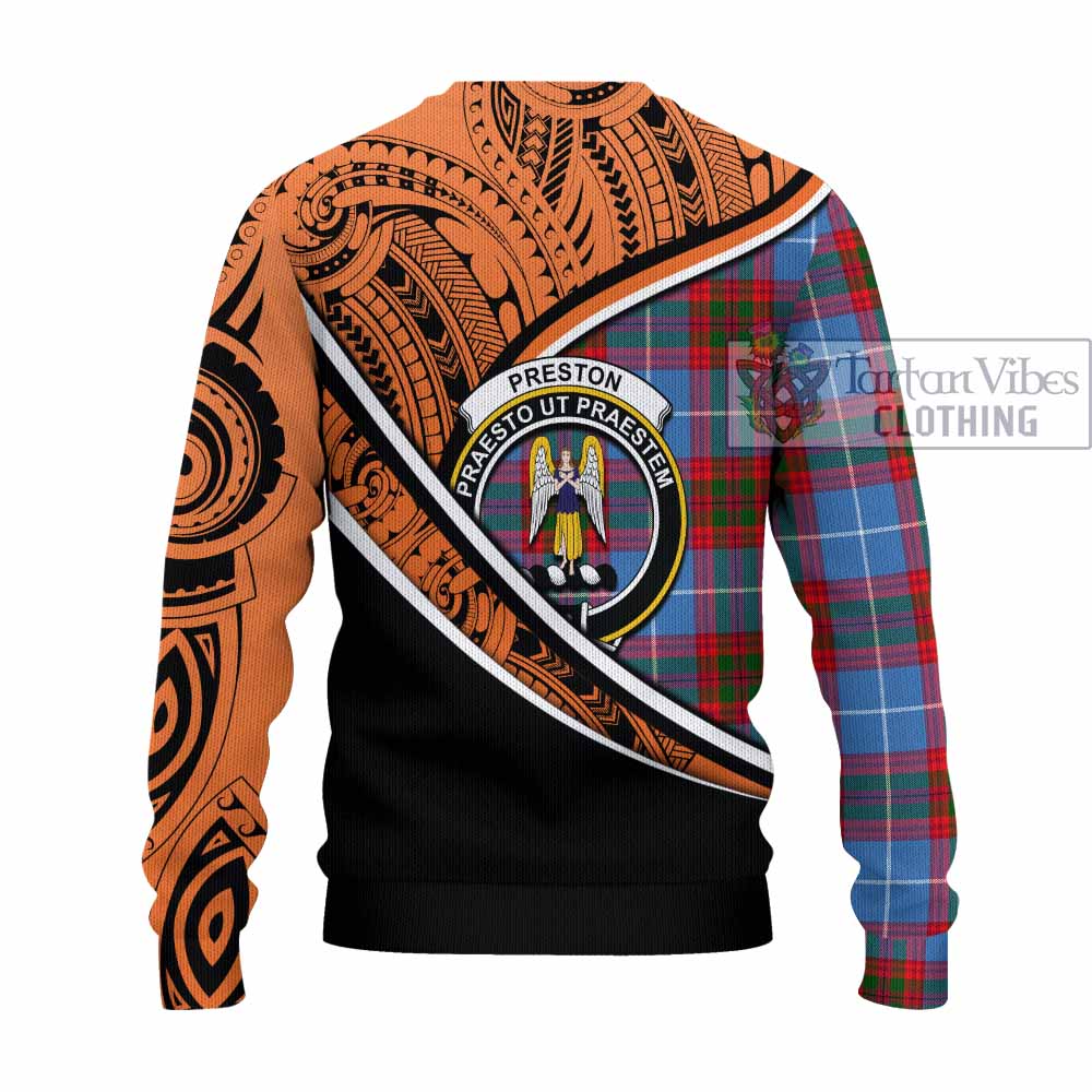 Tartan Vibes Clothing Preston Crest Tartan Knitted Sweater with Maori Tattoo Style - Orange Version