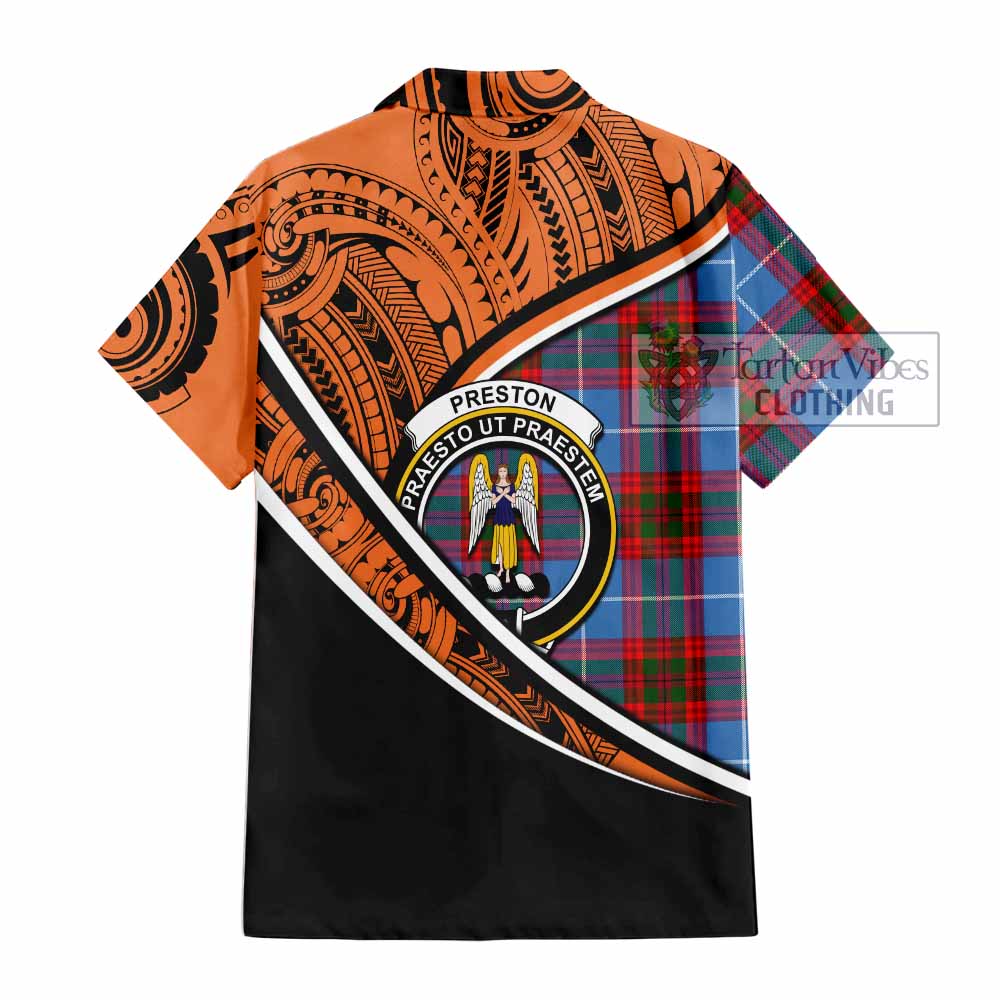 Tartan Vibes Clothing Preston Crest Tartan Short Sleeve Button Shirt with Maori Tattoo Style - Orange Version