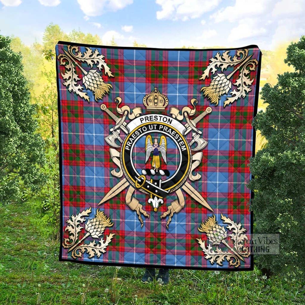 Tartan Vibes Clothing Preston Tartan Quilt with Family Crest and Scottish Golden Courage Shield