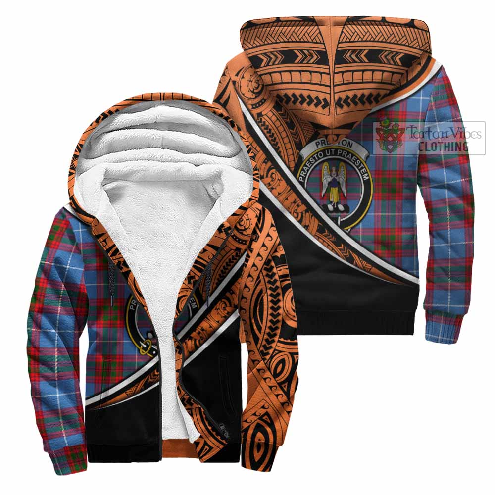 Tartan Vibes Clothing Preston Crest Tartan Sherpa Hoodie with Maori Tattoo Style - Orange Version