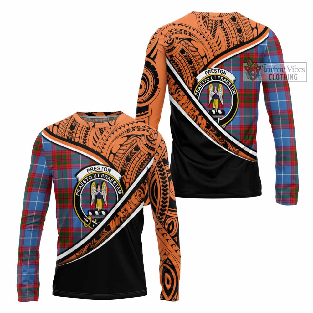 Tartan Vibes Clothing Preston Crest Tartan Long Sleeve T-Shirt with Maori Tattoo Style - Orange Version