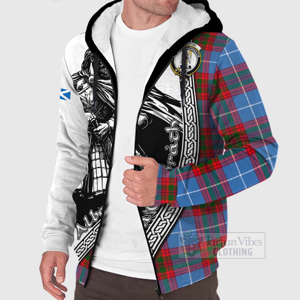 Tartan Vibes Clothing Preston Tartan Clan Crest Sherpa Hoodie with Highlander Warrior Celtic Style