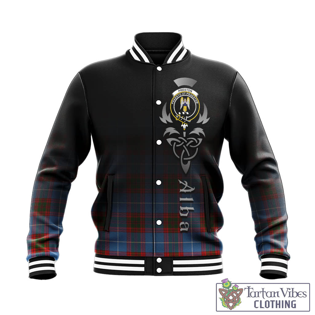 Tartan Vibes Clothing Preston Tartan Baseball Jacket Featuring Alba Gu Brath Family Crest Celtic Inspired