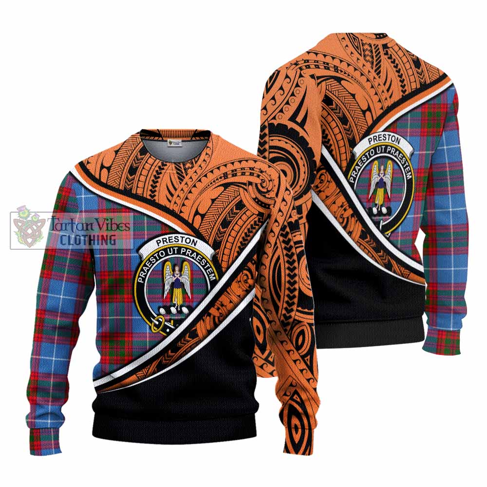 Tartan Vibes Clothing Preston Crest Tartan Knitted Sweater with Maori Tattoo Style - Orange Version