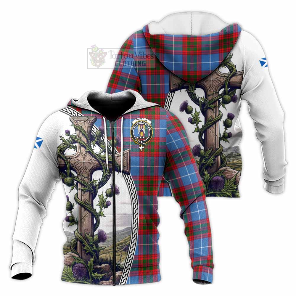 Tartan Vibes Clothing Preston Tartan Knitted Hoodie with Family Crest and St. Andrew's Cross Accented by Thistle Vines