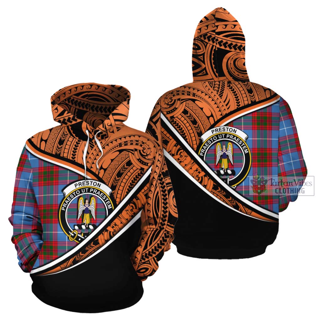 Tartan Vibes Clothing Preston Crest Tartan Cotton Hoodie with Maori Tattoo Style - Orange Version